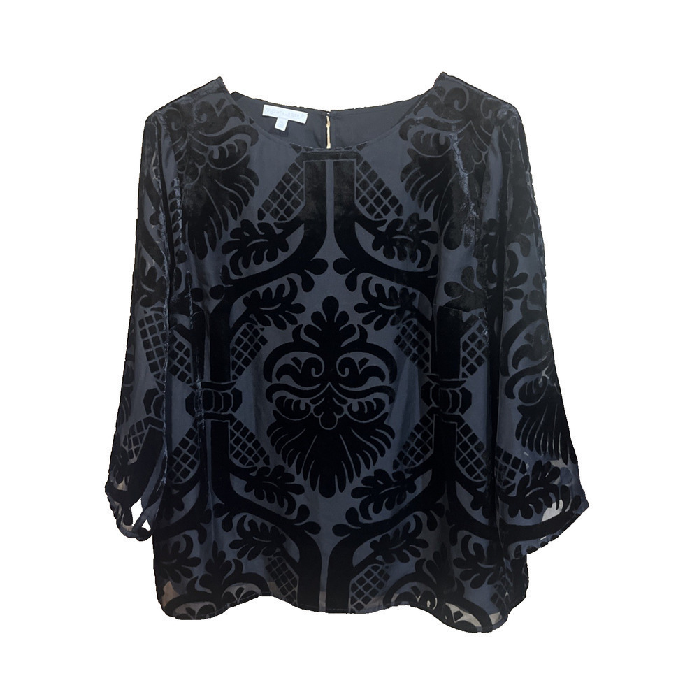 RSVP by Talbots Black Velvet Burnout Mesh Sheer Blouse Women's XL Witchy Grunge